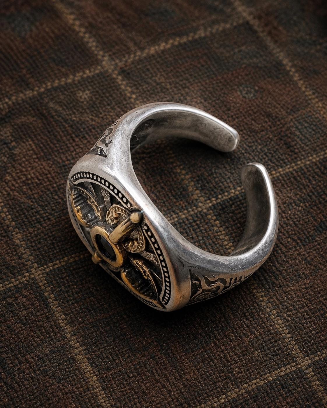 Tibetan Vajra Ring, Blue Agate Dorje Cross, Silver-Plated Wide Band Adjustable