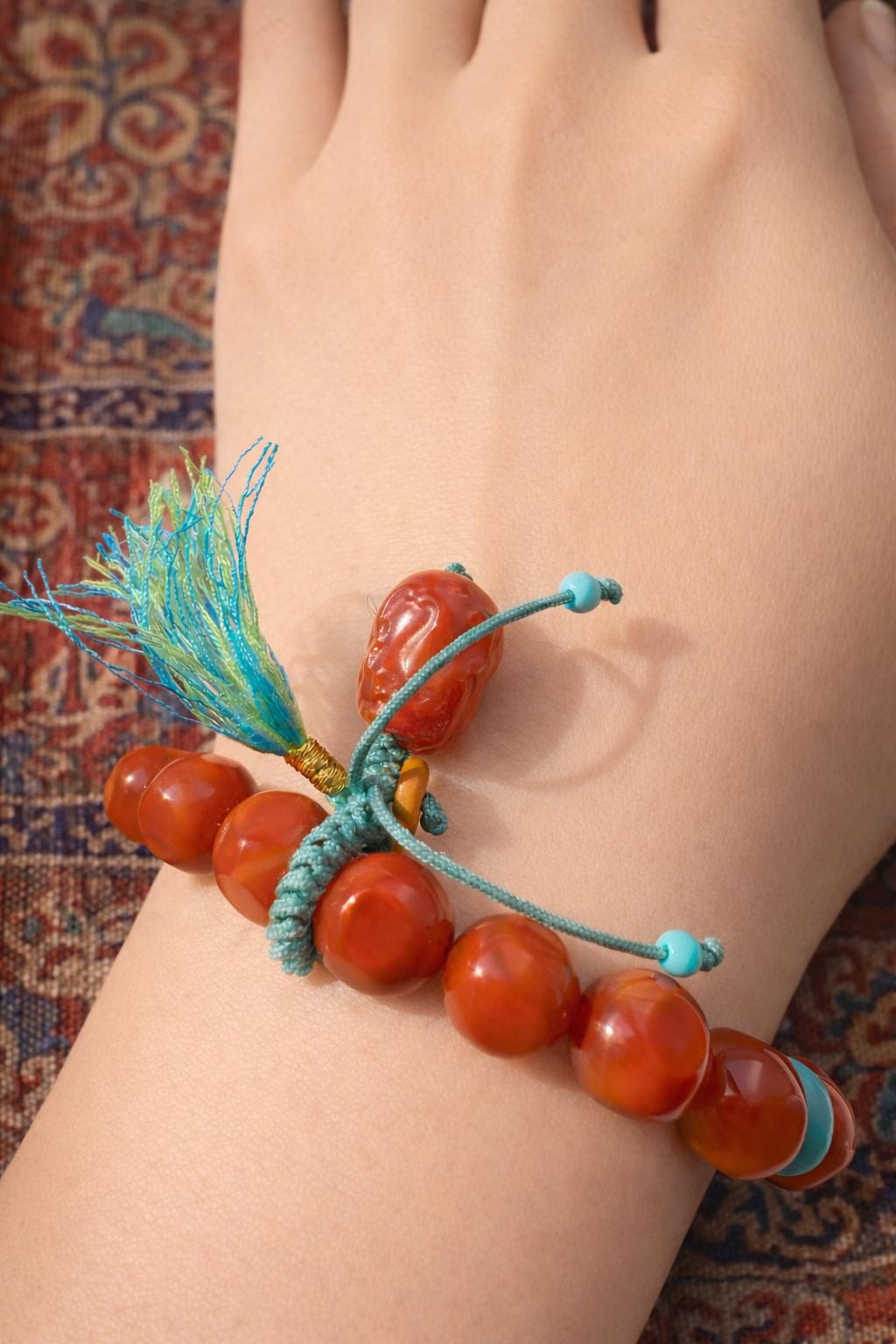 Tibetan Red Agate Bracelet with Dzi Bead & Turquoise Accent – Handmade Adjustable Wrist Mala