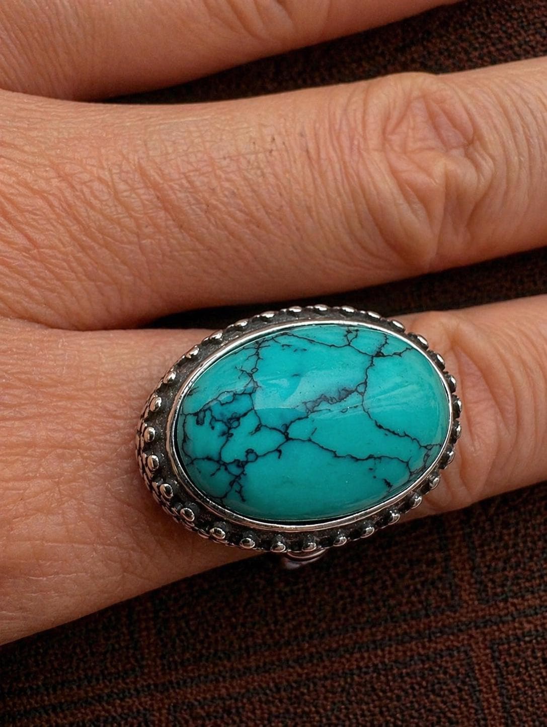 Vintage Tibetan-Style Turquoise Ring – Silver-Plated Statement Ring | Handmade Ethnic Jewelry