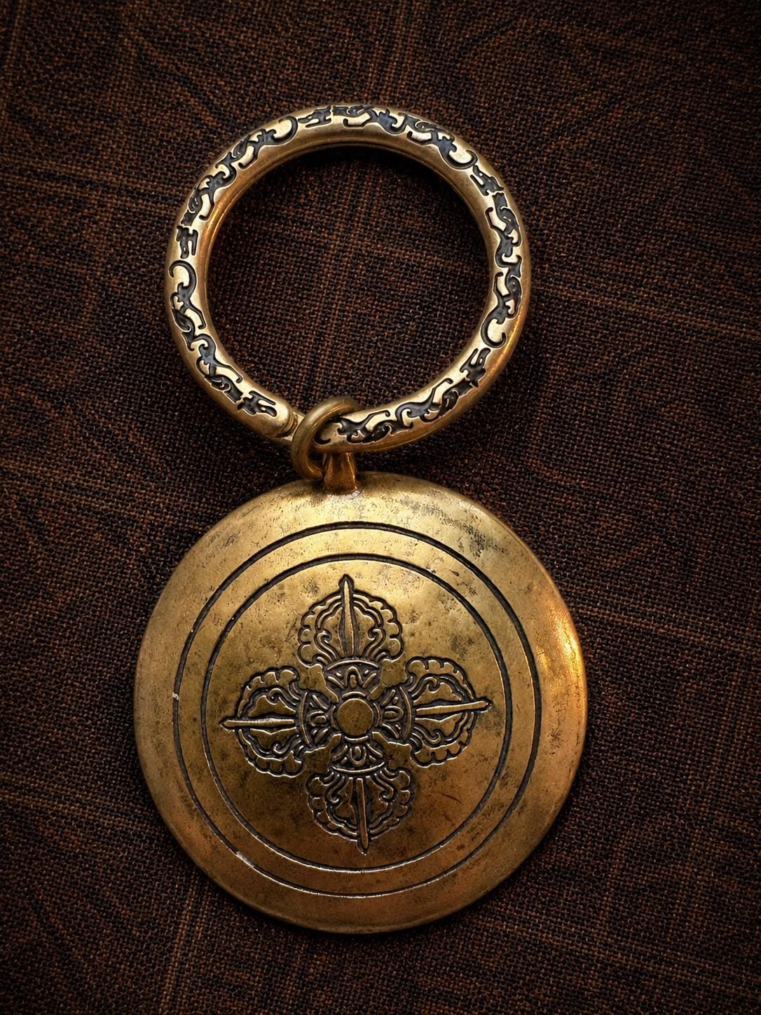 Tibetan Nine Palace Bagua Medallion Keychain, Vintage Copper Key Ring Holder
