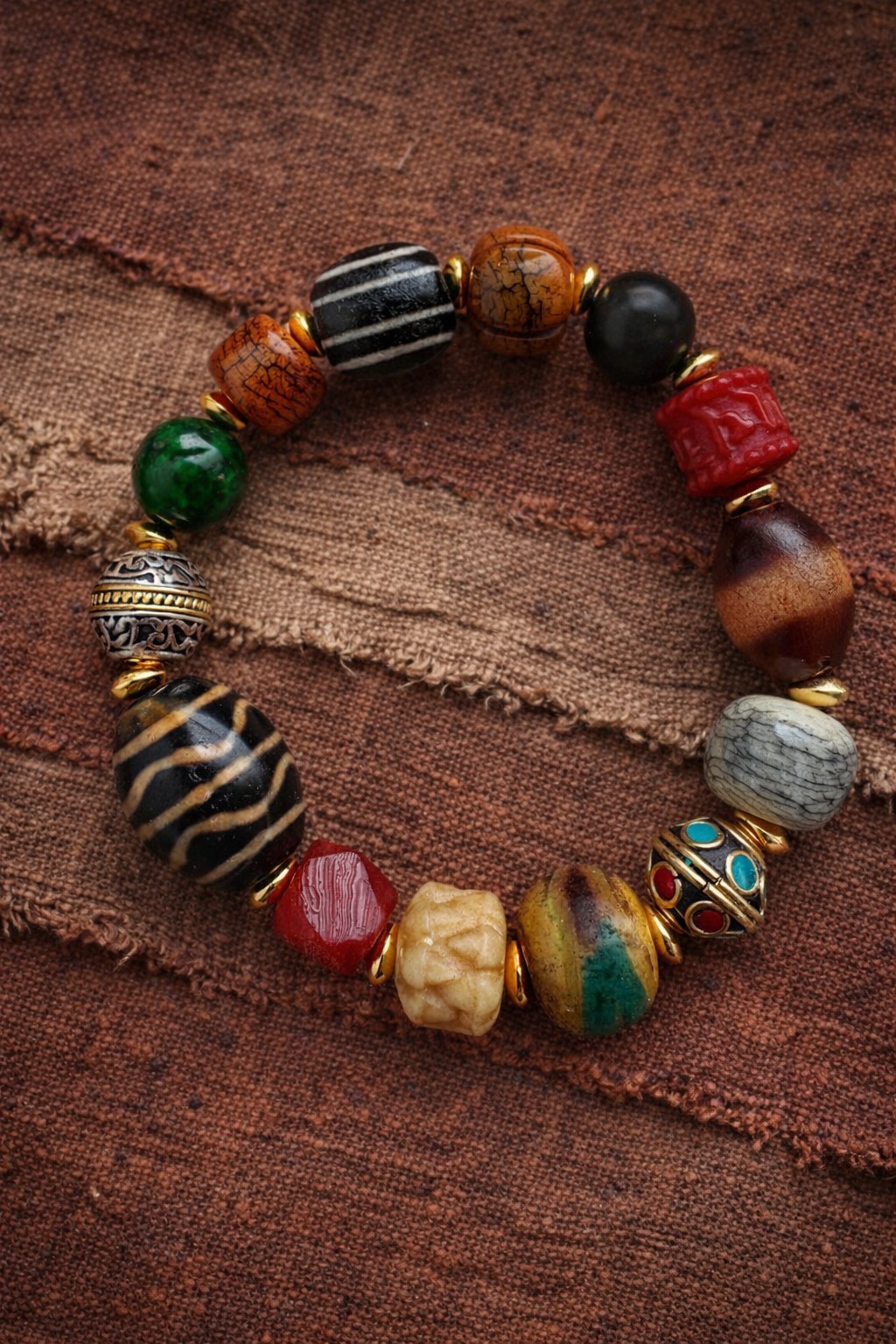 Tibetan Multi-Gem Dzi Bead Bracelet – Handcrafted Protection & Balance Amulet