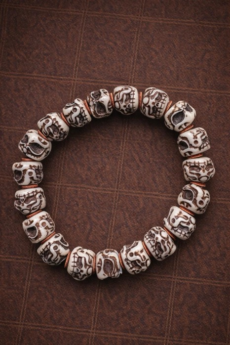 Tibetan Camel Bone Bracelet – Hand-Carved Skull Beads | Spiritual Protection Jewelry