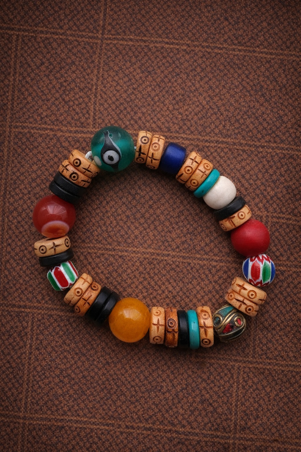 Tibetan-Inspired Multi-Bead Bracelet – Yak Bone, Agate, Glass & Copper | Handmade Statement Jewelry
