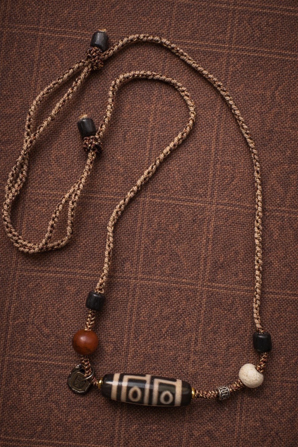 Tibetan 4-Eye Dzi Bead Pendant Necklace – Handwoven Cord Amulet | Agate Style Ethnic Jewelry