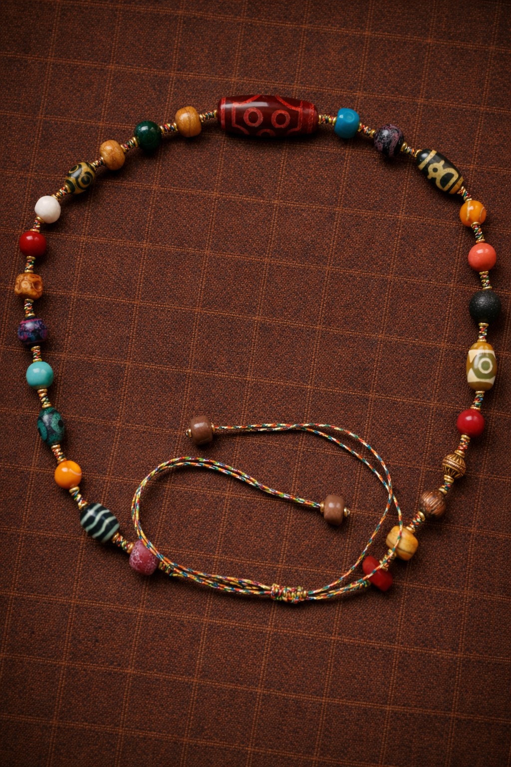 Tibetan Seven-Eye Dzi Agate Pendant Necklace, Braided Cord, Yak Bone Beads