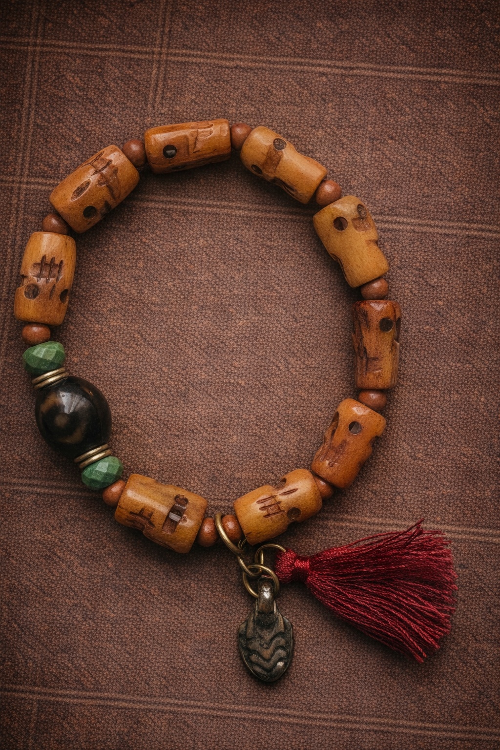 Tibetan Yak Bone Carved Bracelet with Dzi Bead – Brass Accent | Vintage Style