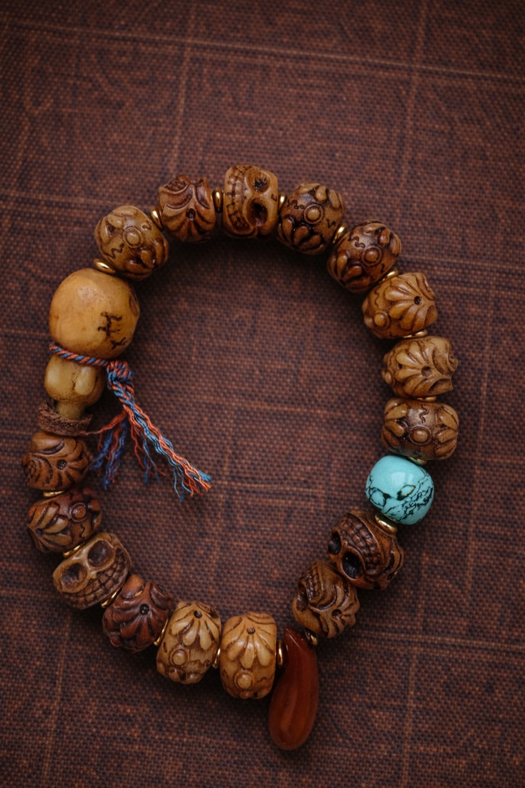 Tibetan Yak Bone Carved Bracelet – Vintage Tibetan Style | Barrel Beads | Turquoise Accent