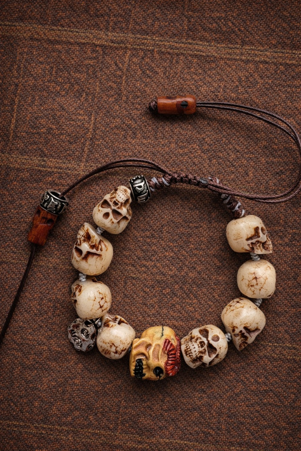 Yak Bone Skull Beaded Bracelet – Tibetan Vintage Amulet with Large Beads