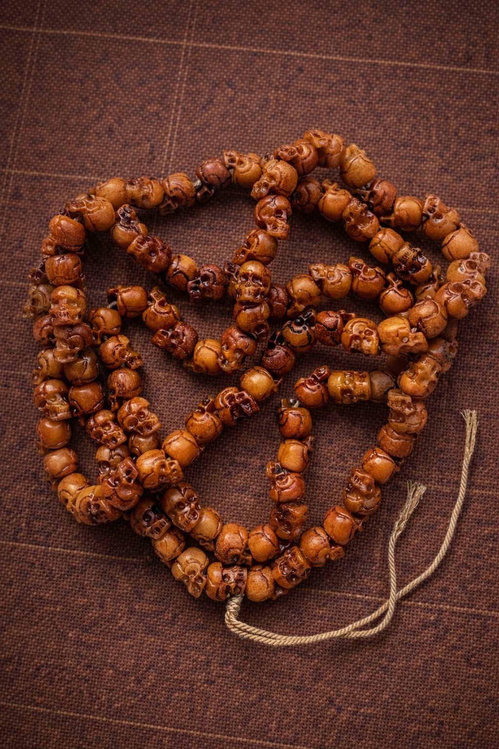 Tibetan Yak Bone Skull Mala – 108 Light-Tone Aged Bone Beads, Hand-Carved Citipati Inspired Design