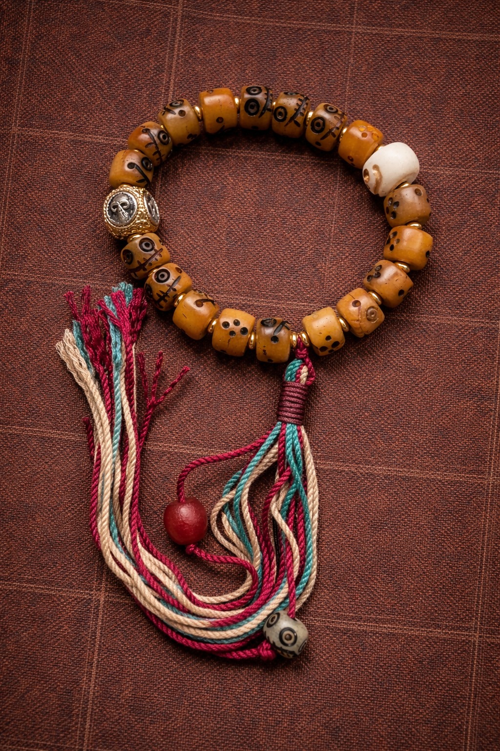 Tibetan Yak Bone Citipati Barrel Bead Bracelet – Vintage Detail | Tassel Accent | Unisex Spiritual Jewelry