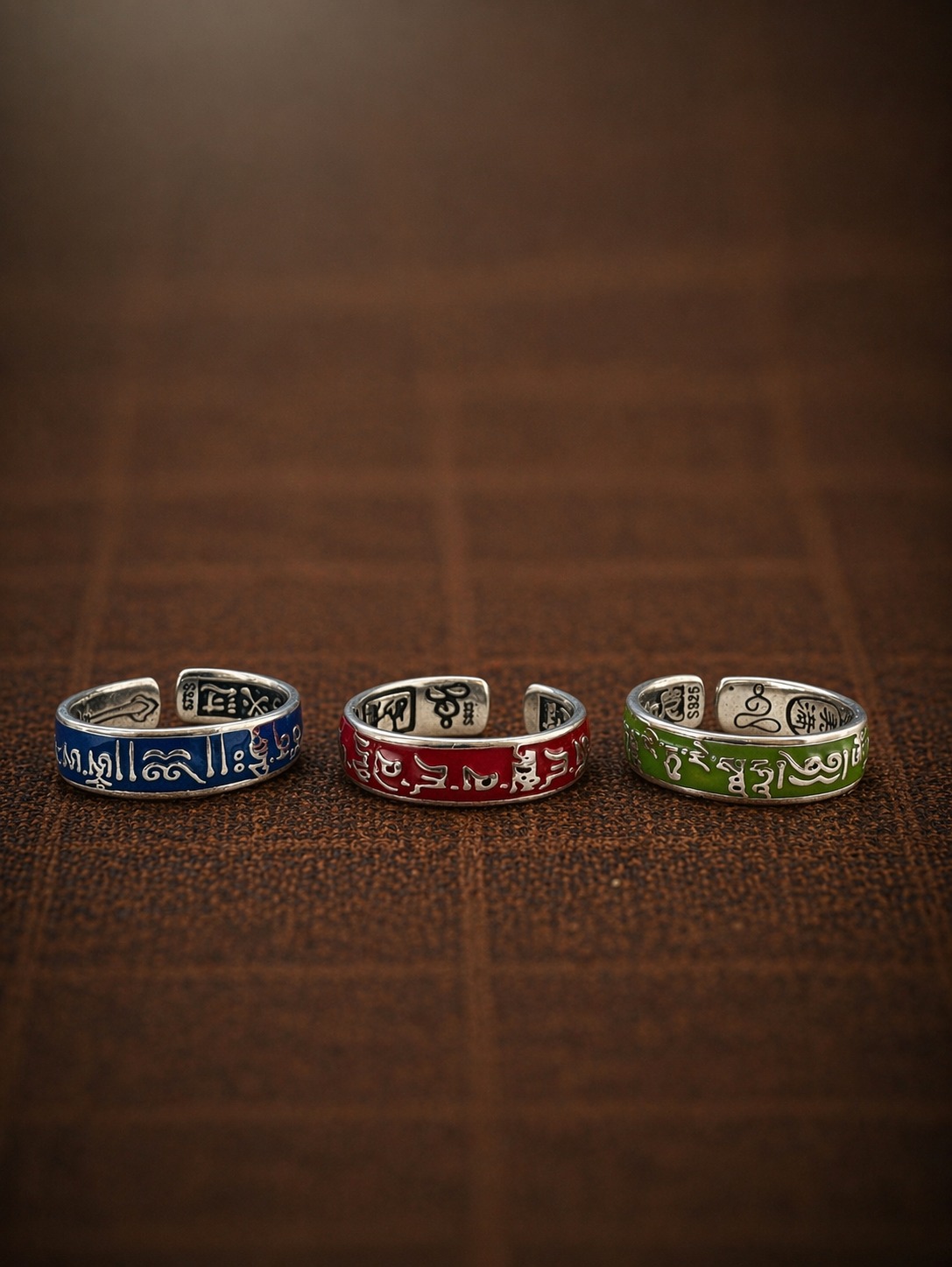 Handmade Tibetan Enamel Sanskrit Ring – Adjustable Open Band Unisex