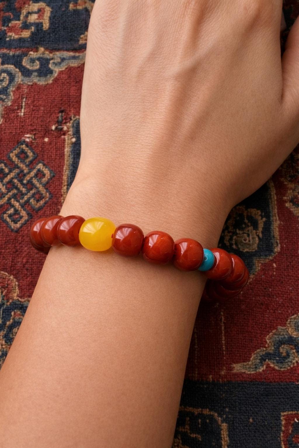 Natural Red Agate Beaded Bracelet – Vintage Barrel Beads, Turquoise Accent (Tibetan Style)