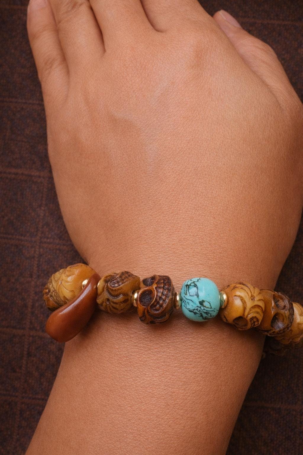 Tibetan Yak Bone Carved Bracelet – Vintage Tibetan Style | Barrel Beads | Turquoise Accent