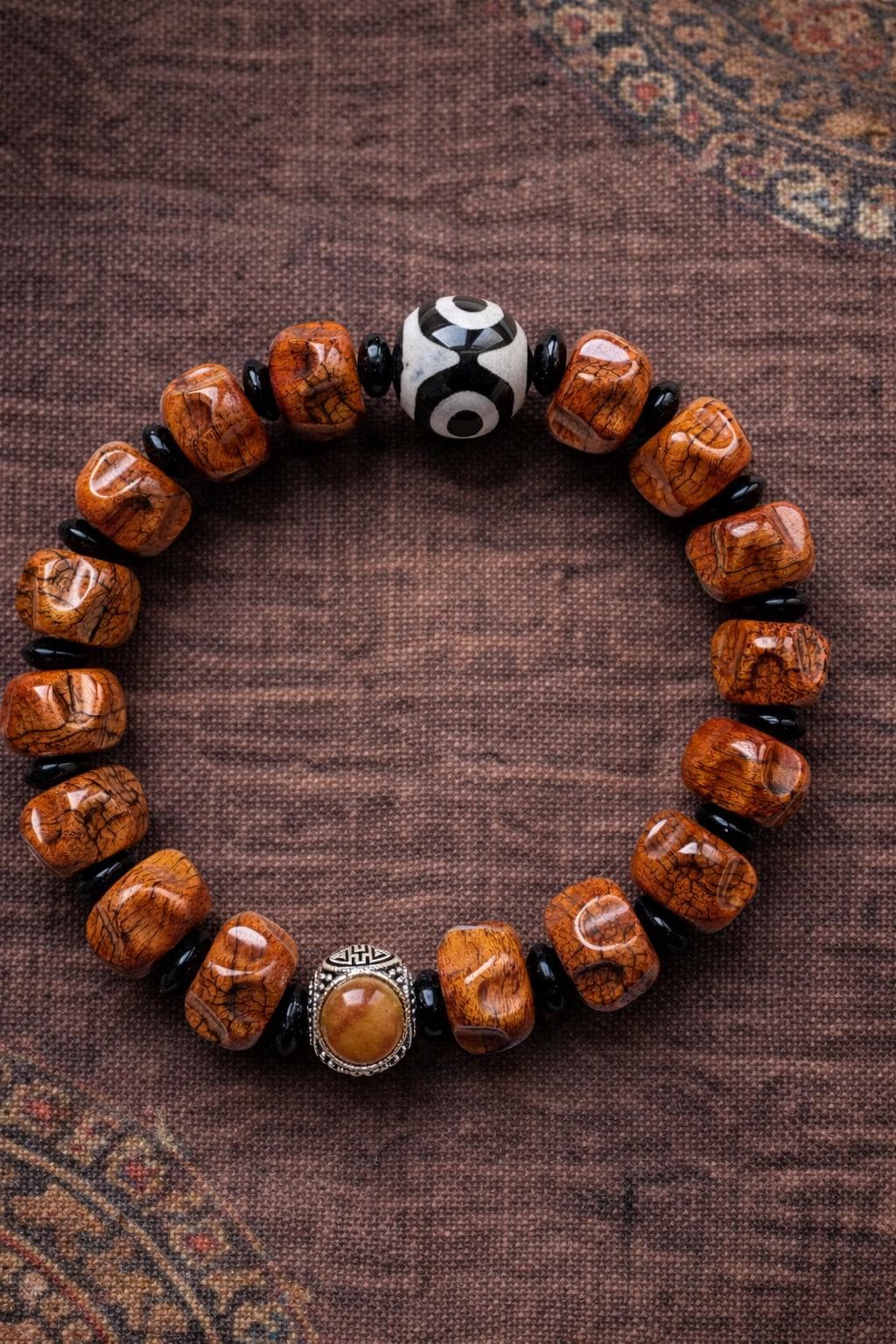 Three-Eye Dzi Bracelet – Tibetan Style Yak Bone Beaded Protection Jewelry