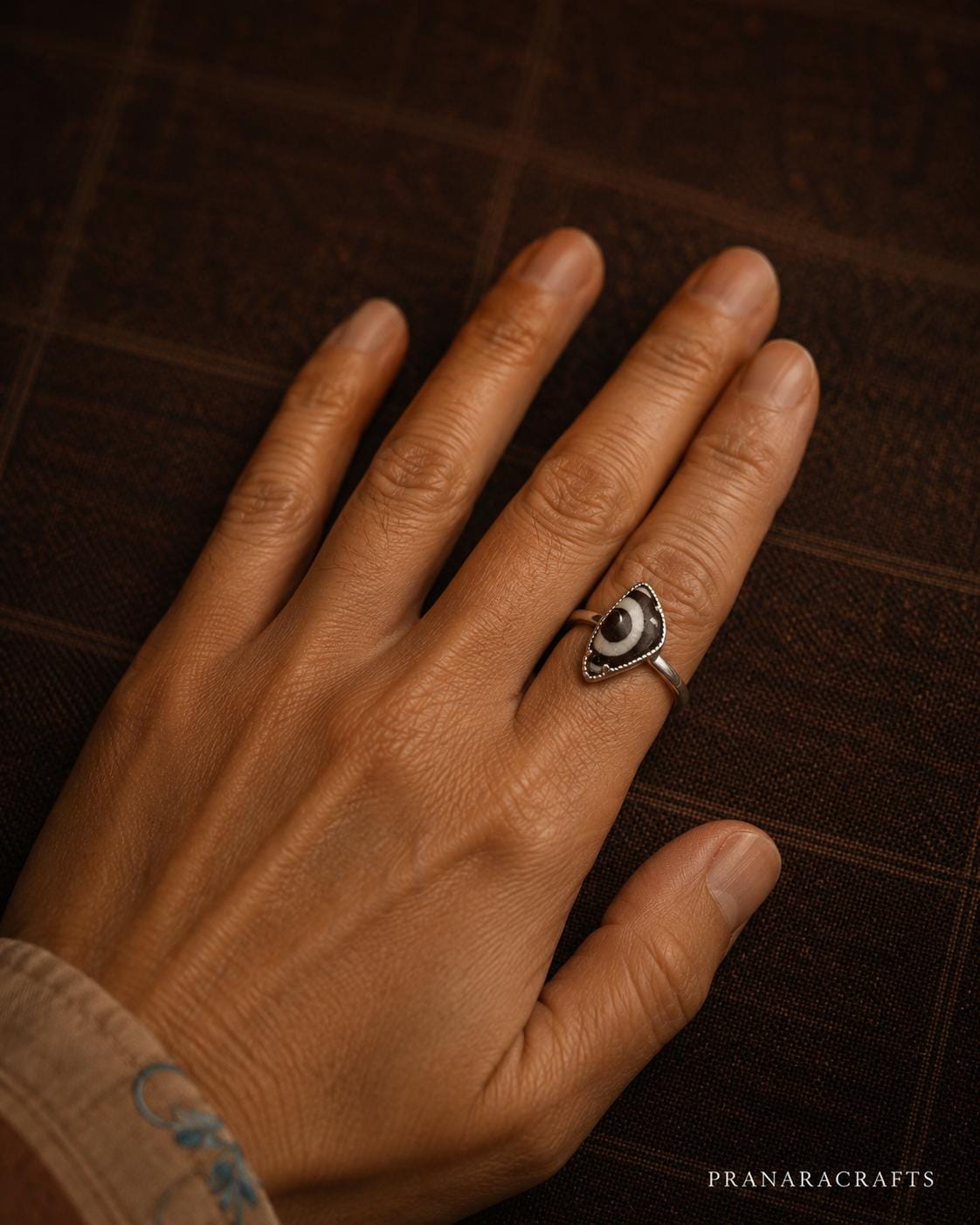 Tibetan Dzi Bead Adjustable Ring, Black White Eye Agate Ring, Silver Plated Boho Jewelry