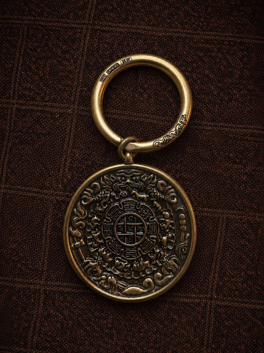 Tibetan Nine Palace Bagua Medallion Keychain, Vintage Copper Key Ring Holder