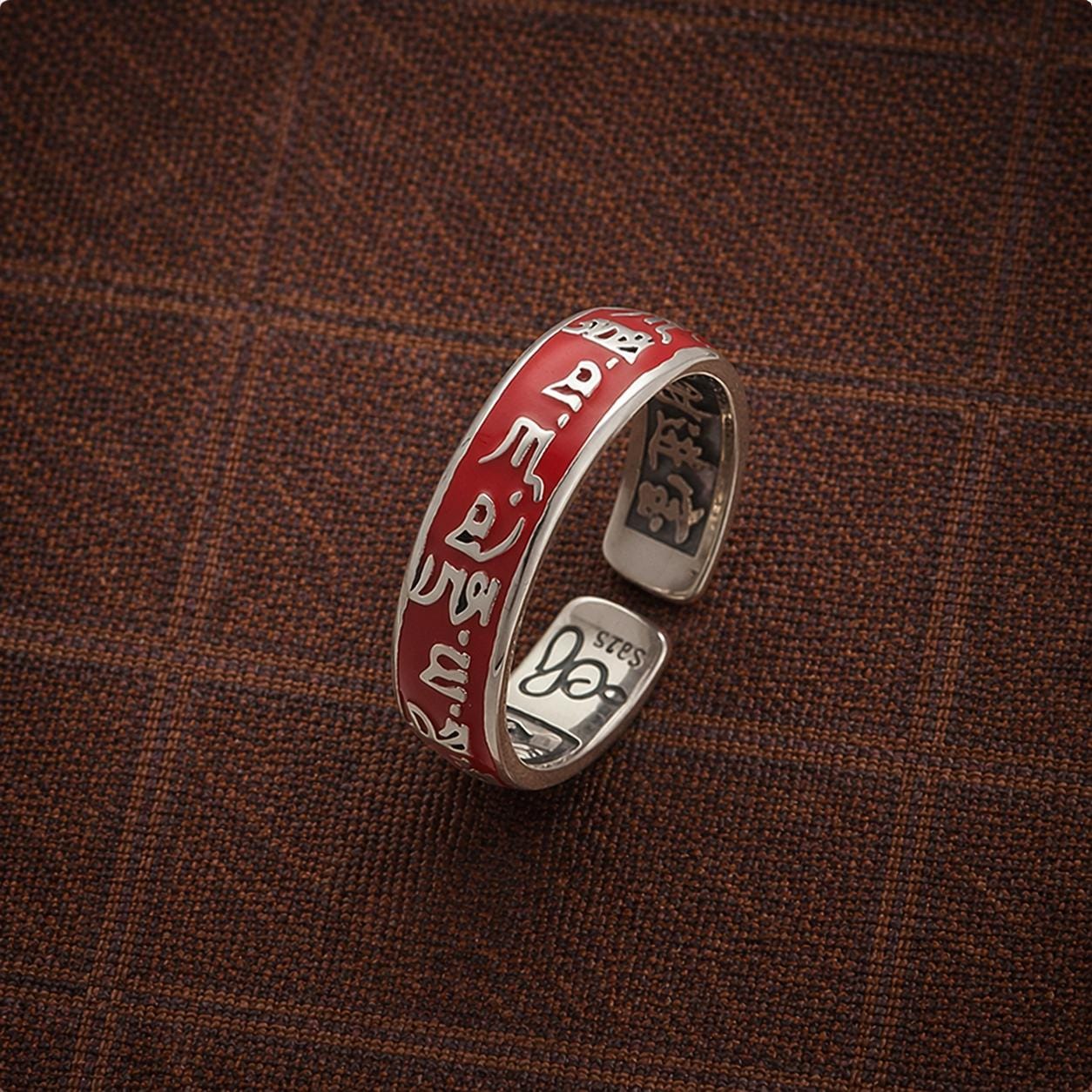 Handmade Tibetan Enamel Sanskrit Ring – Adjustable Open Band Unisex