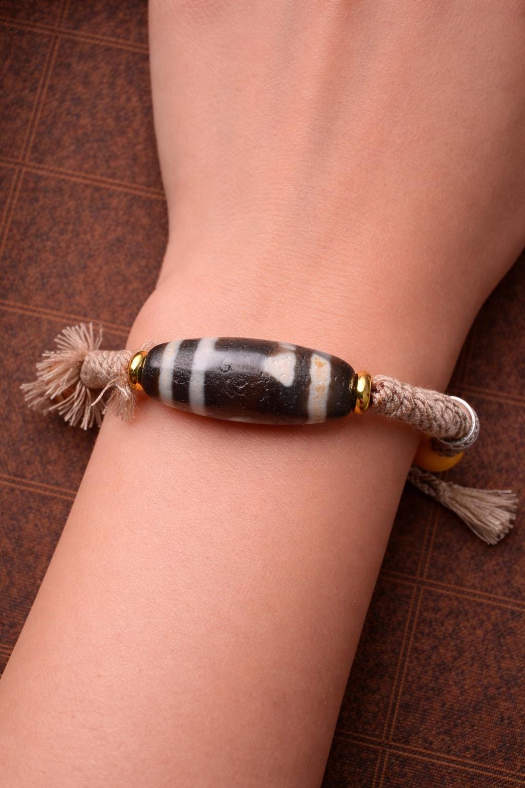 Handmade Tibetan Two-Eye Dzi Bead Braided Rope Wristband, Meditation Gift for Men & Women