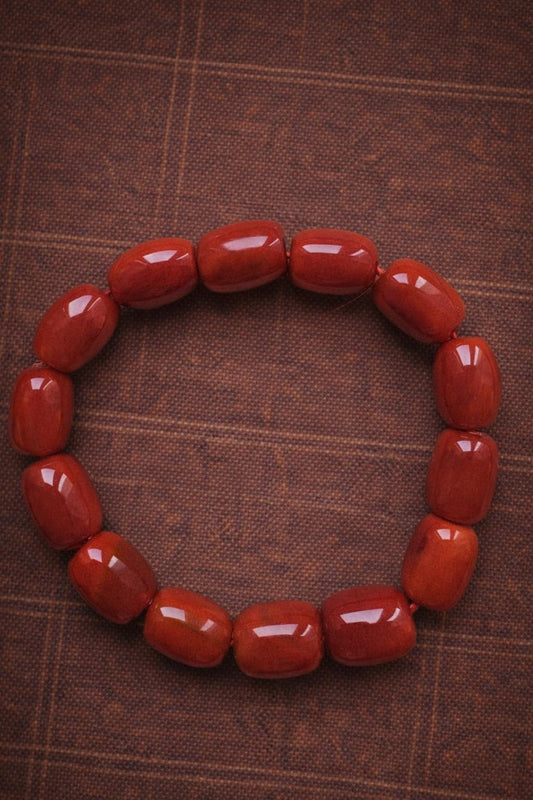 Red Agate Barrel Bead Bracelet – Handmade Gemstone Stretch Bracelet | Unisex Minimalist Jewelry
