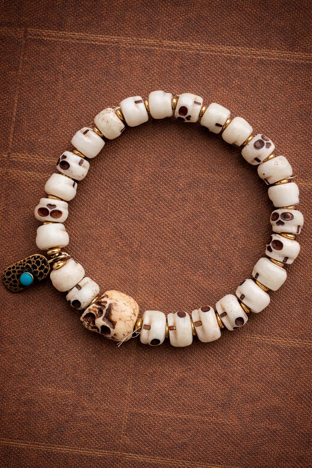 Yak Bone Skull Bracelet – Small Bead Tibetan Amulet | Vintage Protection Jewelry