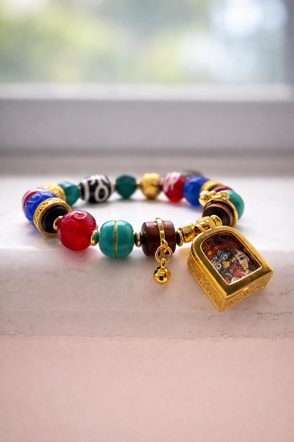 Tibetan Gau Box (Amulet Pendant) Bracelet - Dzi Bead, Green Agate & Turquoise