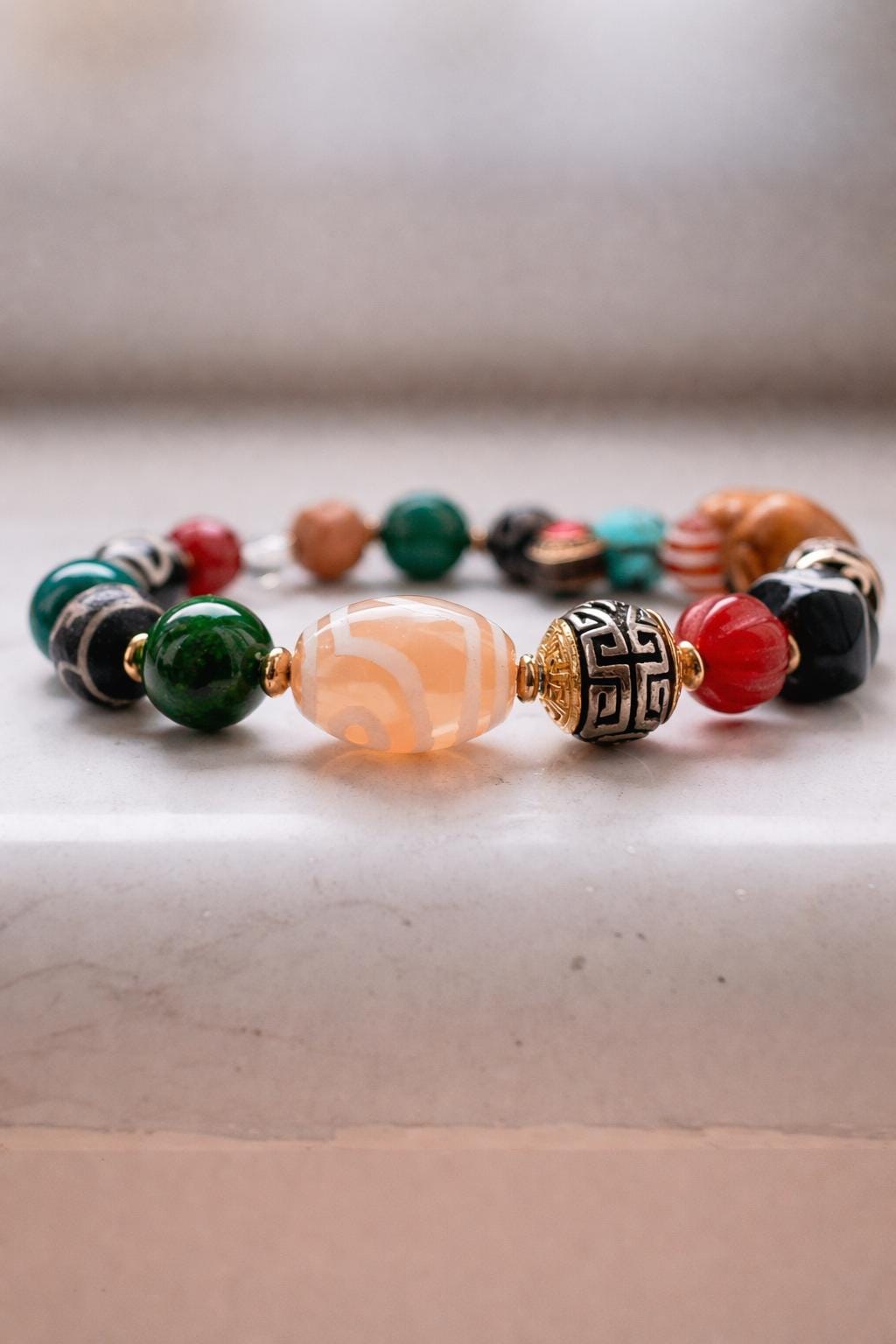 Tibetan Multi-Bead Bracelet – Yak Bone, Dzi Bead & Agate | Vintage Spiritual Charm Bracelet