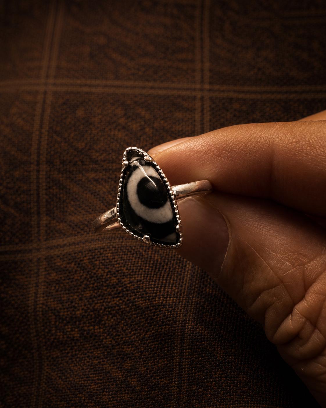Tibetan Dzi Bead Adjustable Ring, Black White Eye Agate Ring, Silver Plated Boho Jewelry