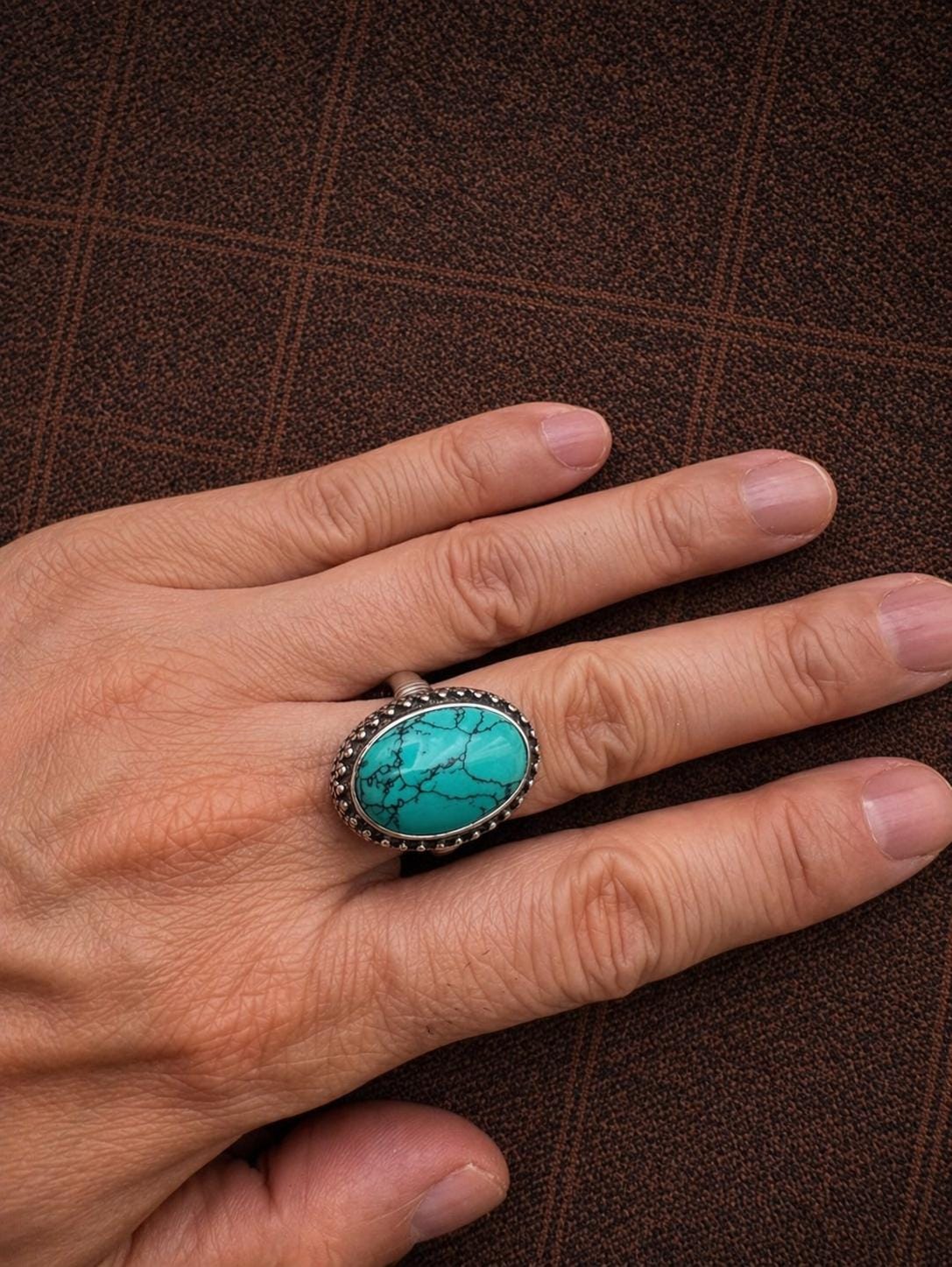 Vintage Tibetan-Style Turquoise Ring – Silver-Plated Statement Ring | Handmade Ethnic Jewelry