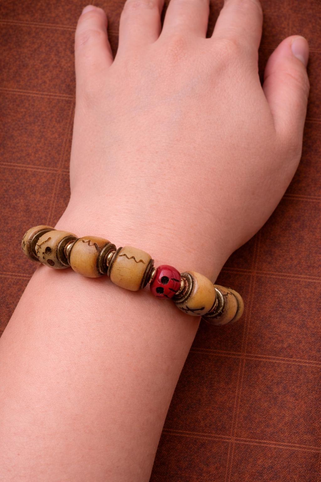 Vintage Tibetan Yak Bone Bracelet – Carved A-Dai Style Barrel Beads with Silver-Tone Inlay