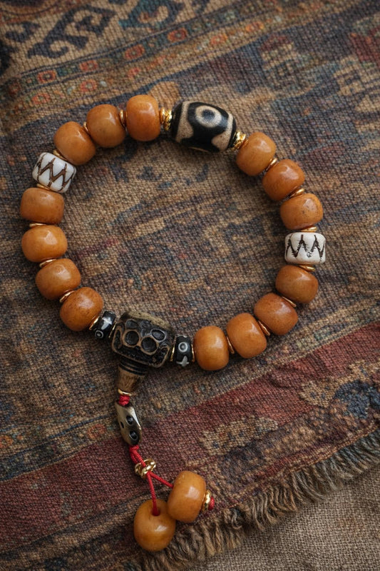 Yak Bone Three-Eyed Dzi Bracelet – Tibetan Handcrafted Mala