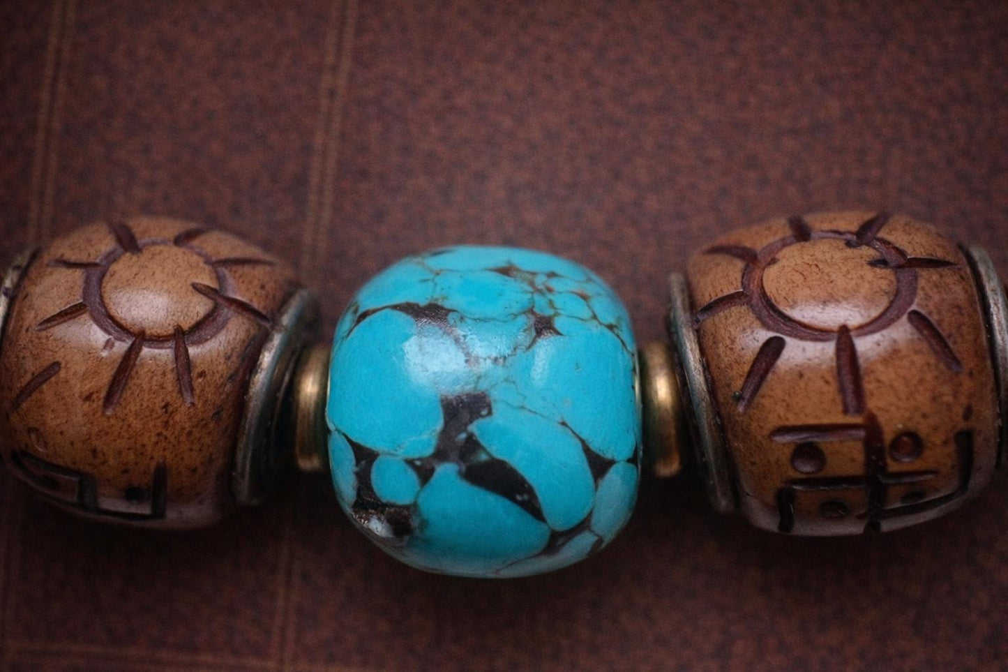 Vintage Tibetan Yak Bone Bracelet – Carved Barrel Beads with Turquoise