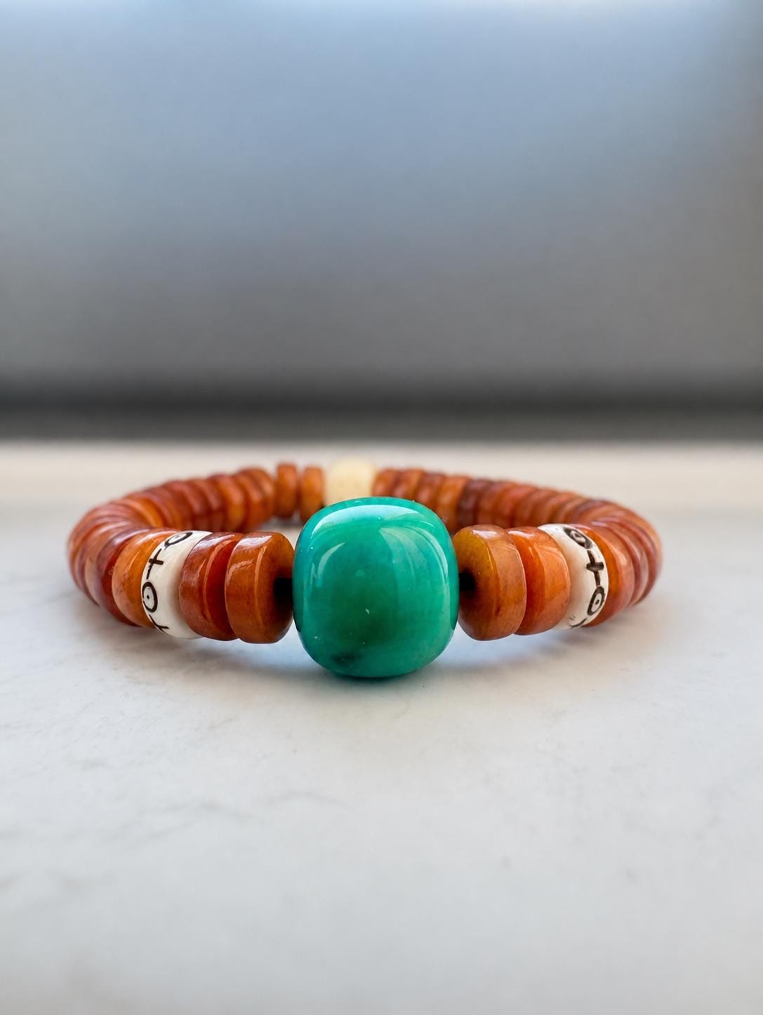 Tibetan Bone Tablet Bead Bracelet with Turquoise | Ethnic Style Handmade Jewelry