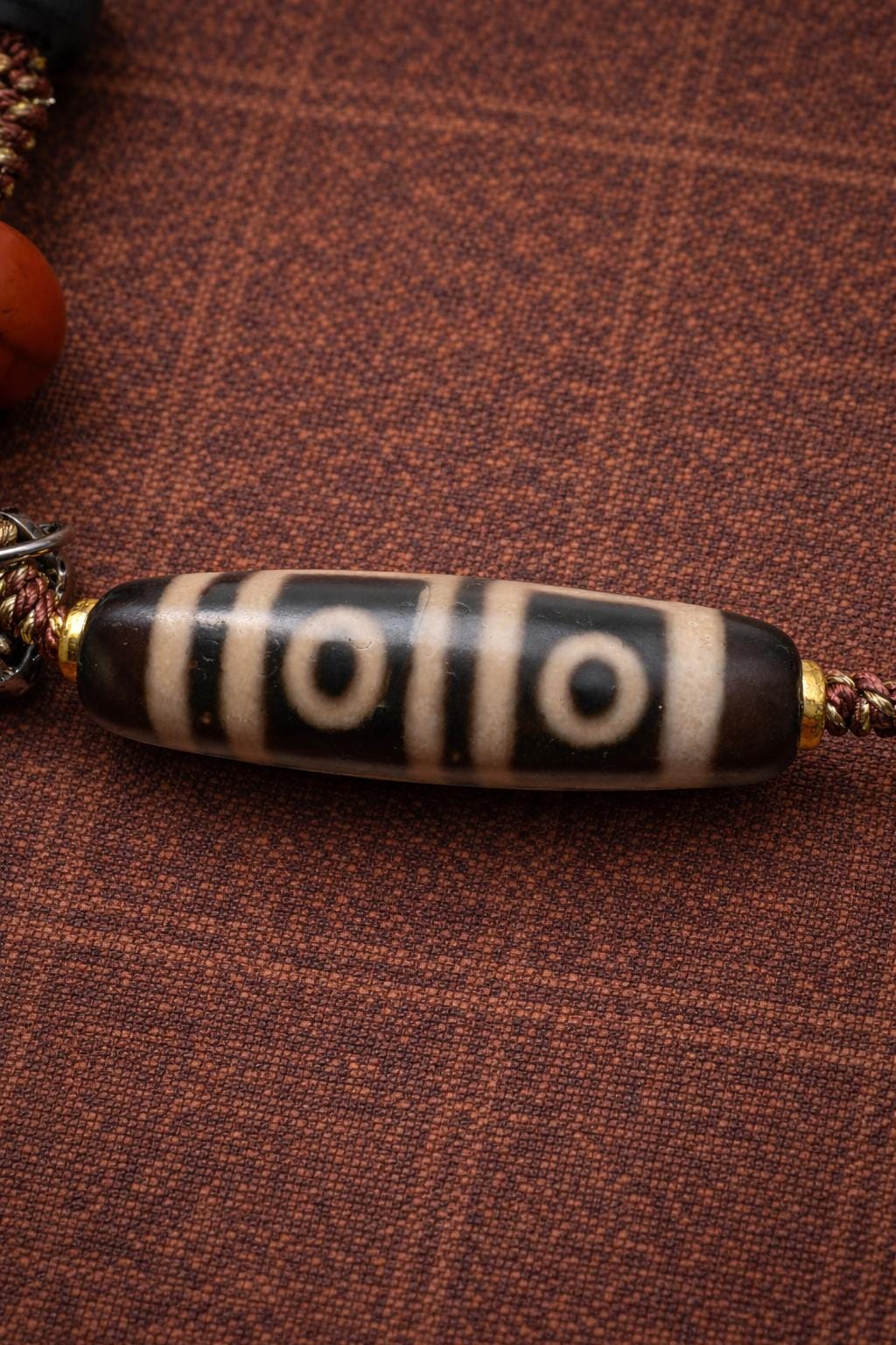 Tibetan 4-Eye Dzi Bead Pendant Necklace – Handwoven Cord Amulet | Agate Style Ethnic Jewelry