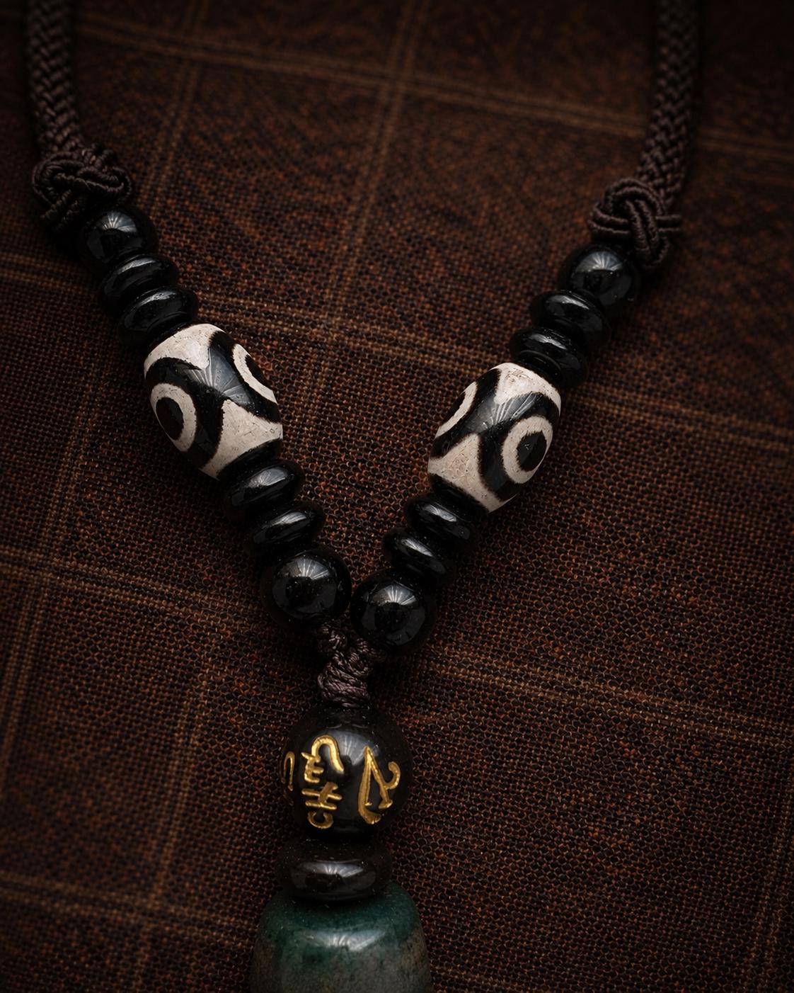 Tibetan Nine-Eye Dzi Agate Pendant | Green Stone Amulet Necklace