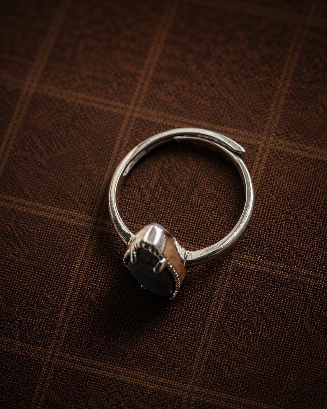 Tibetan Dzi Bead Adjustable Ring, Black White Eye Agate Ring, Silver Plated Boho Jewelry