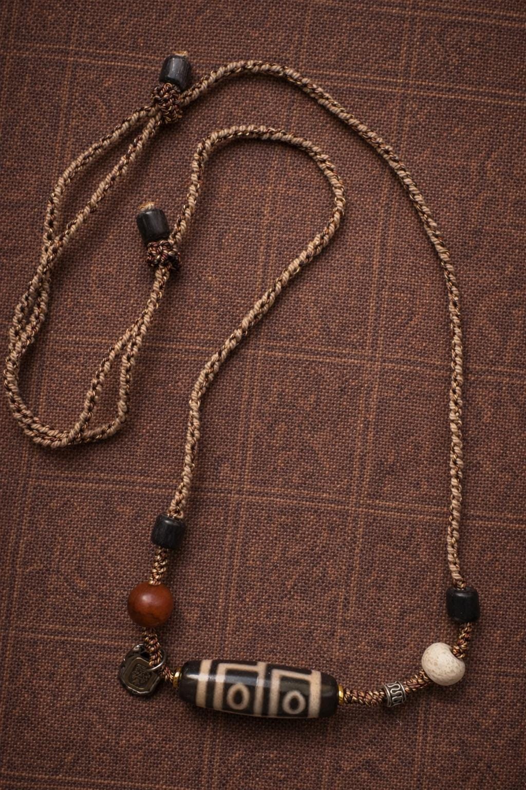 Tibetan 4-Eye Dzi Bead Pendant Necklace – Handwoven Cord Amulet | Agate Style Ethnic Jewelry