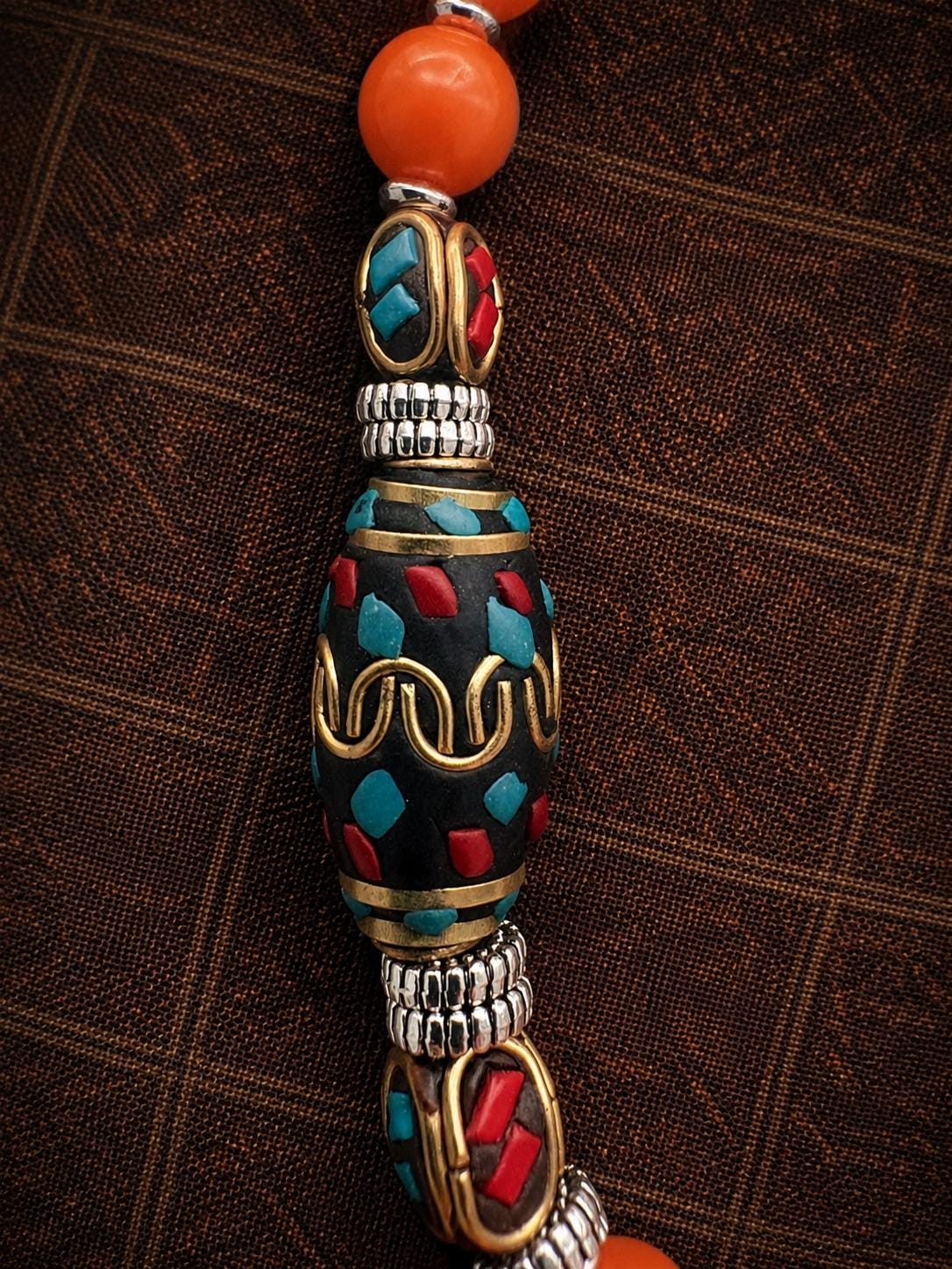 Tibetan Nepalese Coral Bead Necklace, Ethnic Handmade Statement Necklace, Turquoise Inlay Boho Jewelry