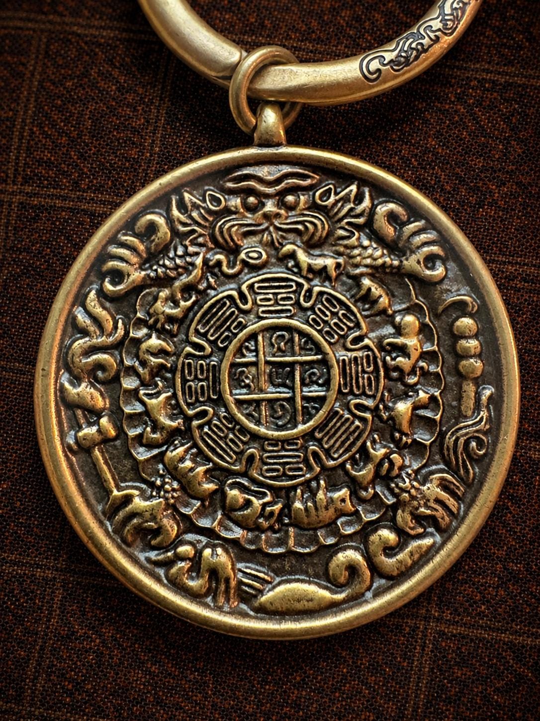 Tibetan Nine Palace Bagua Medallion Keychain, Vintage Copper Key Ring Holder
