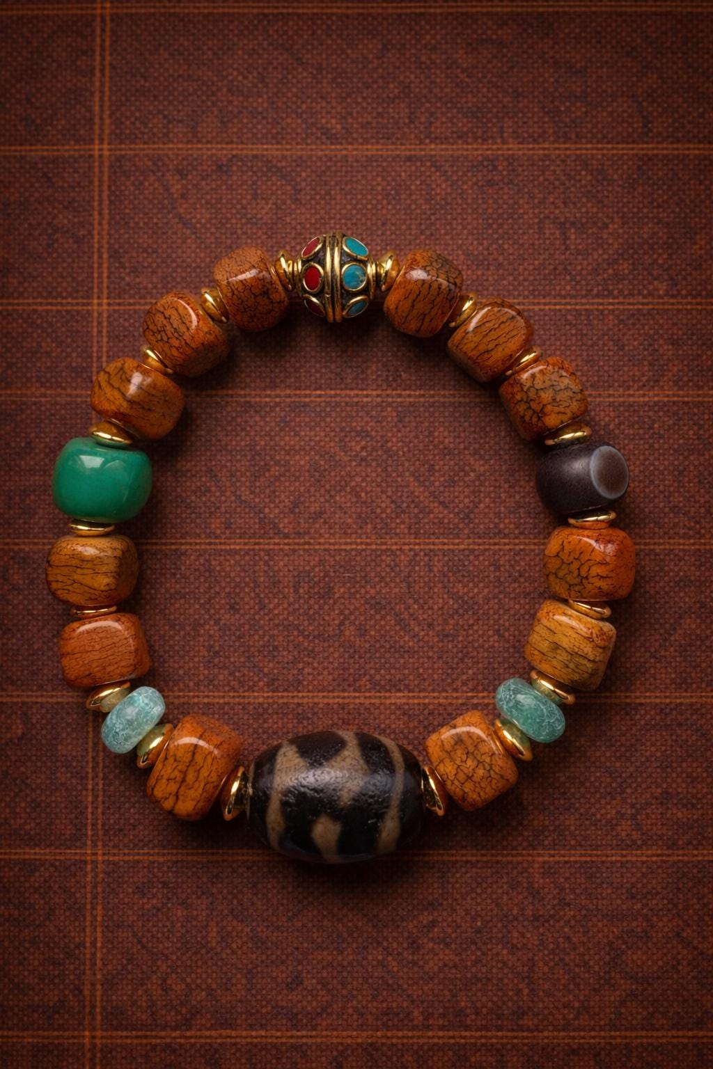 Tibetan Yak Bone Bracelet 10mm – Square Beads with Dzi Accent