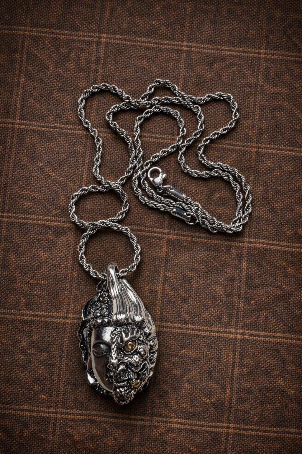 One Thought Buddha Demon Pendant – Silver Plated Necklace, Vintage Buddhist Protection Jewelry