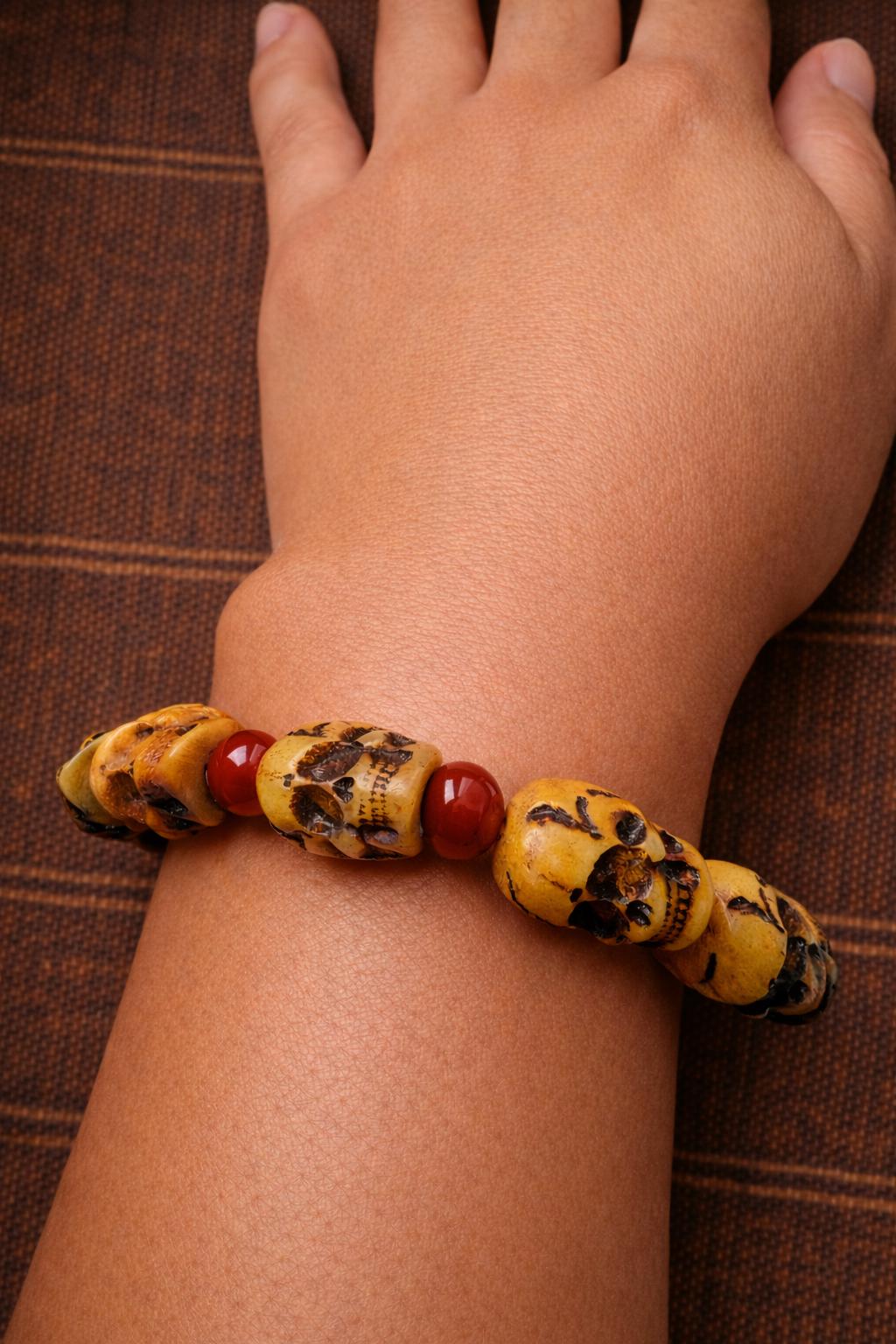 Camel Bone Skull Bracelet – Tibetan Vintage Beads | Red Agate | Unisex