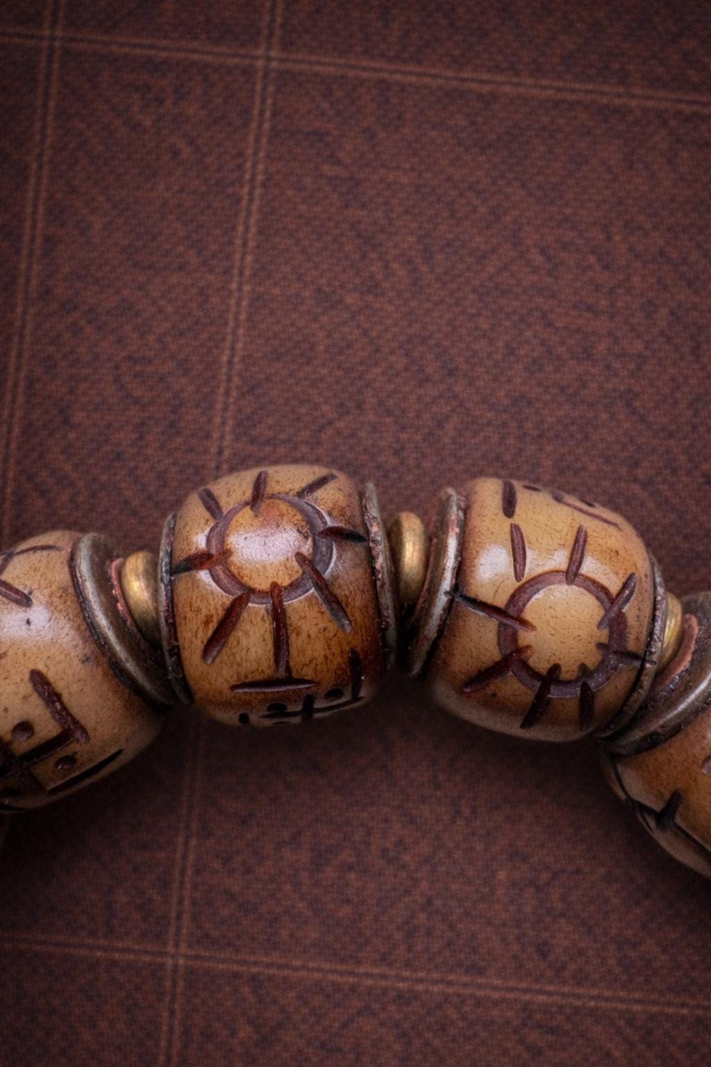 Vintage Tibetan Yak Bone Bracelet – Carved Barrel Beads with Turquoise