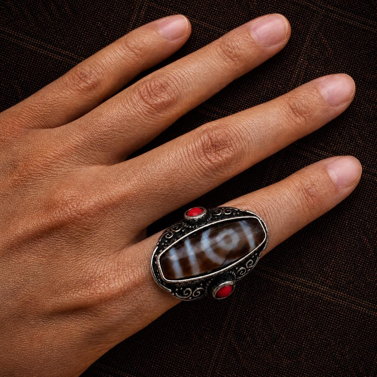 Tibetan-Inspired Silver Plated Dzi Style Statement Ring with Red Accent