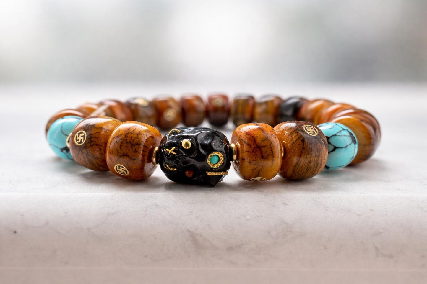 Two Turquoise Beads Tibetan Yak Bone Bracelet – Vintage Barrel Beads with Brass Inlay