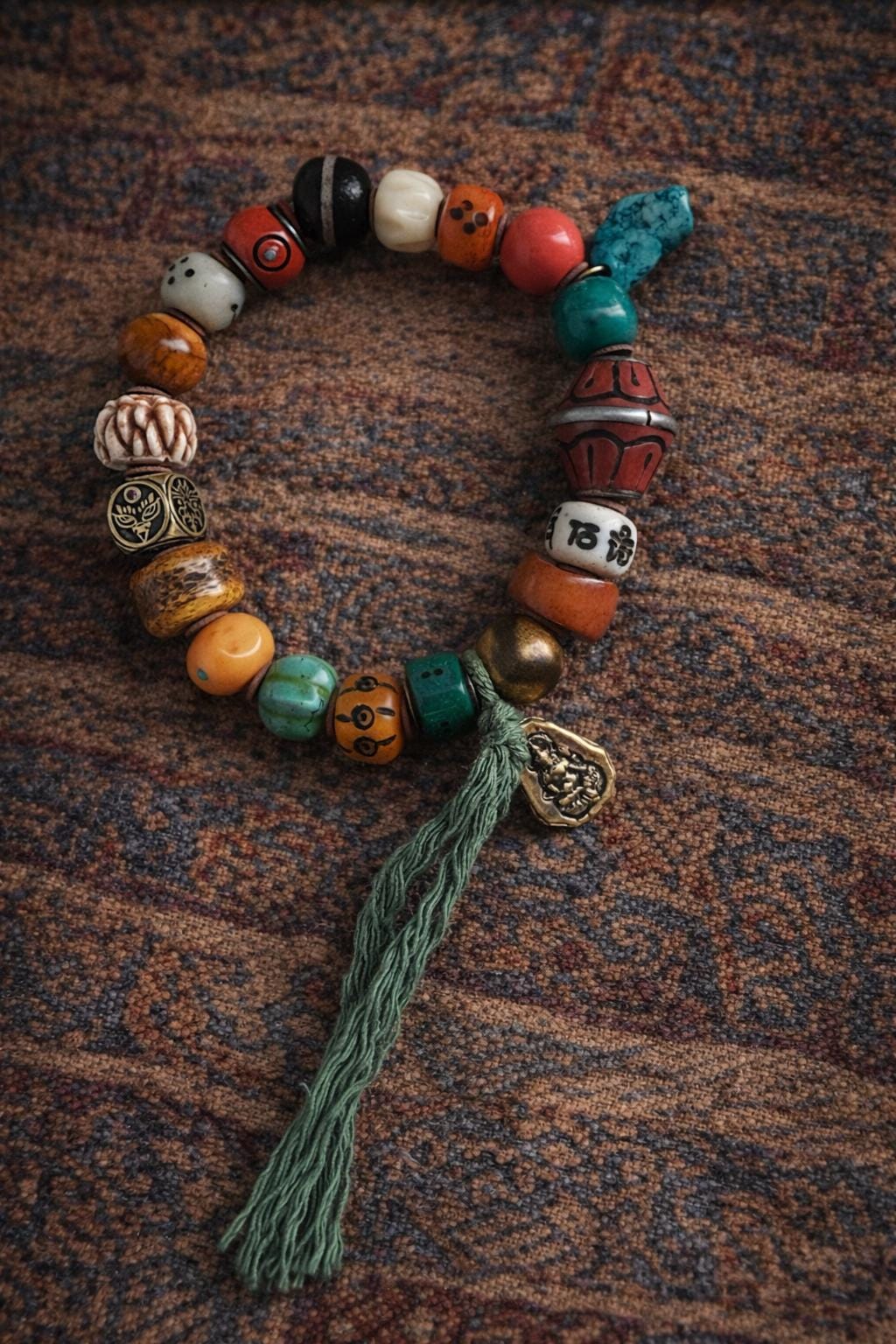 Tibetan Dzi & Turquoise Bracelet with Bronze Buddha Talisman | Symbol of Fortune | PranaraCrafts