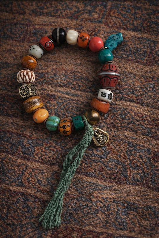 Tibetan Dzi & Turquoise Bracelet with Bronze Buddha Talisman | Symbol of Fortune | PranaraCrafts