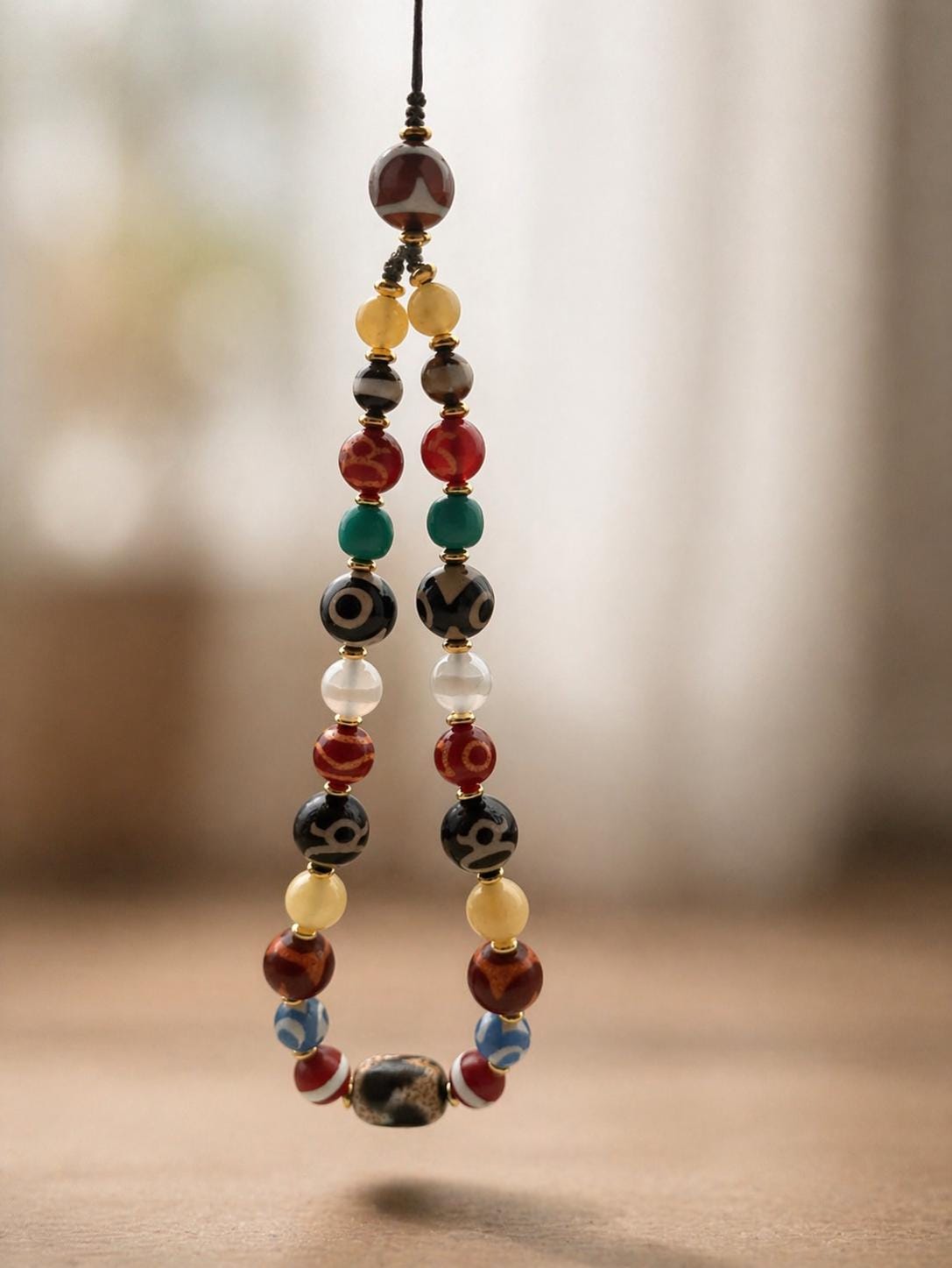 Tibetan Dzi Agate Phone Charm – Multi Gem Beaded Strap | Handmade Lucky Amulet