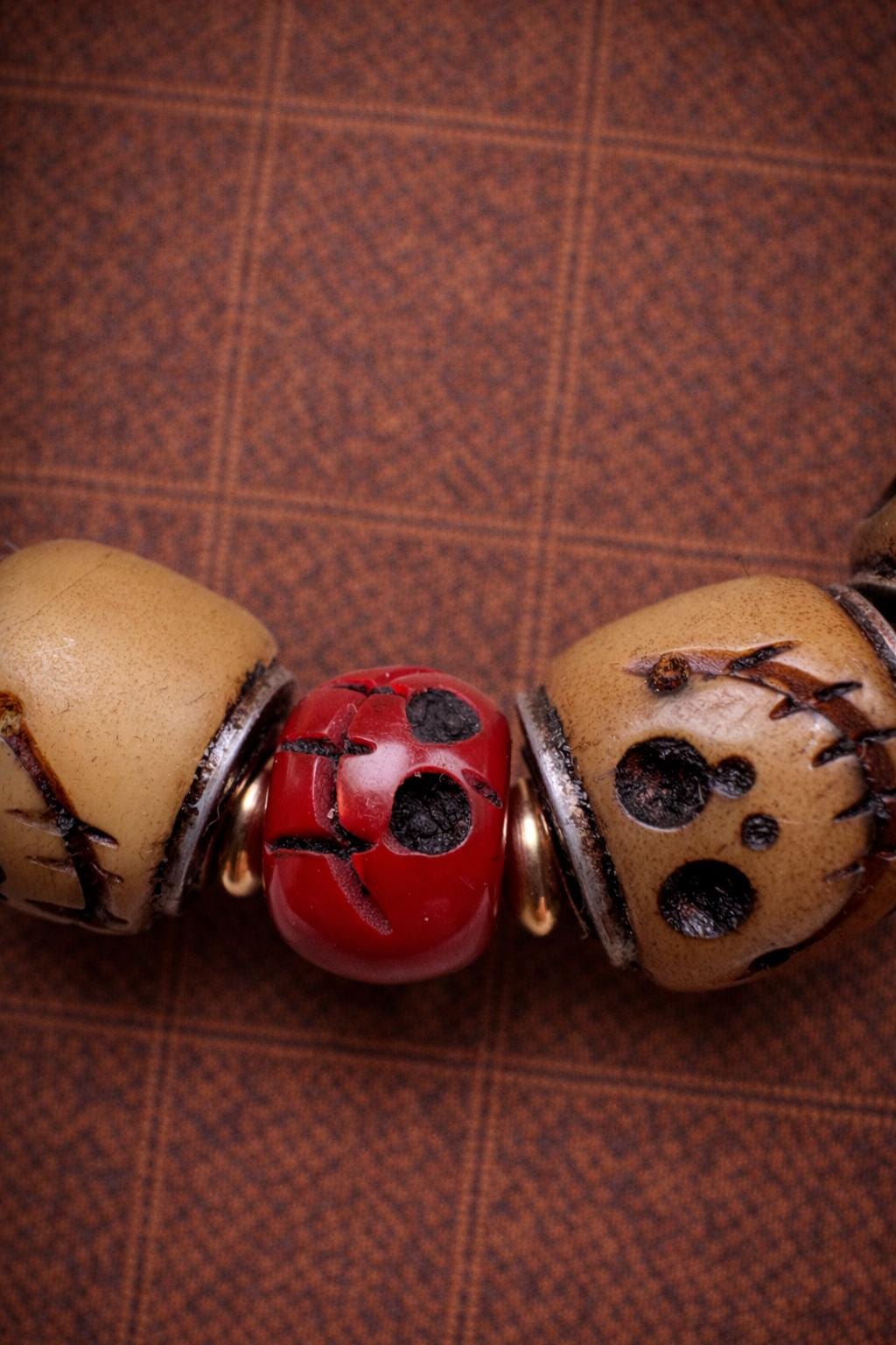 Vintage Tibetan Yak Bone Bracelet – Carved A-Dai Style Barrel Beads with Silver-Tone Inlay