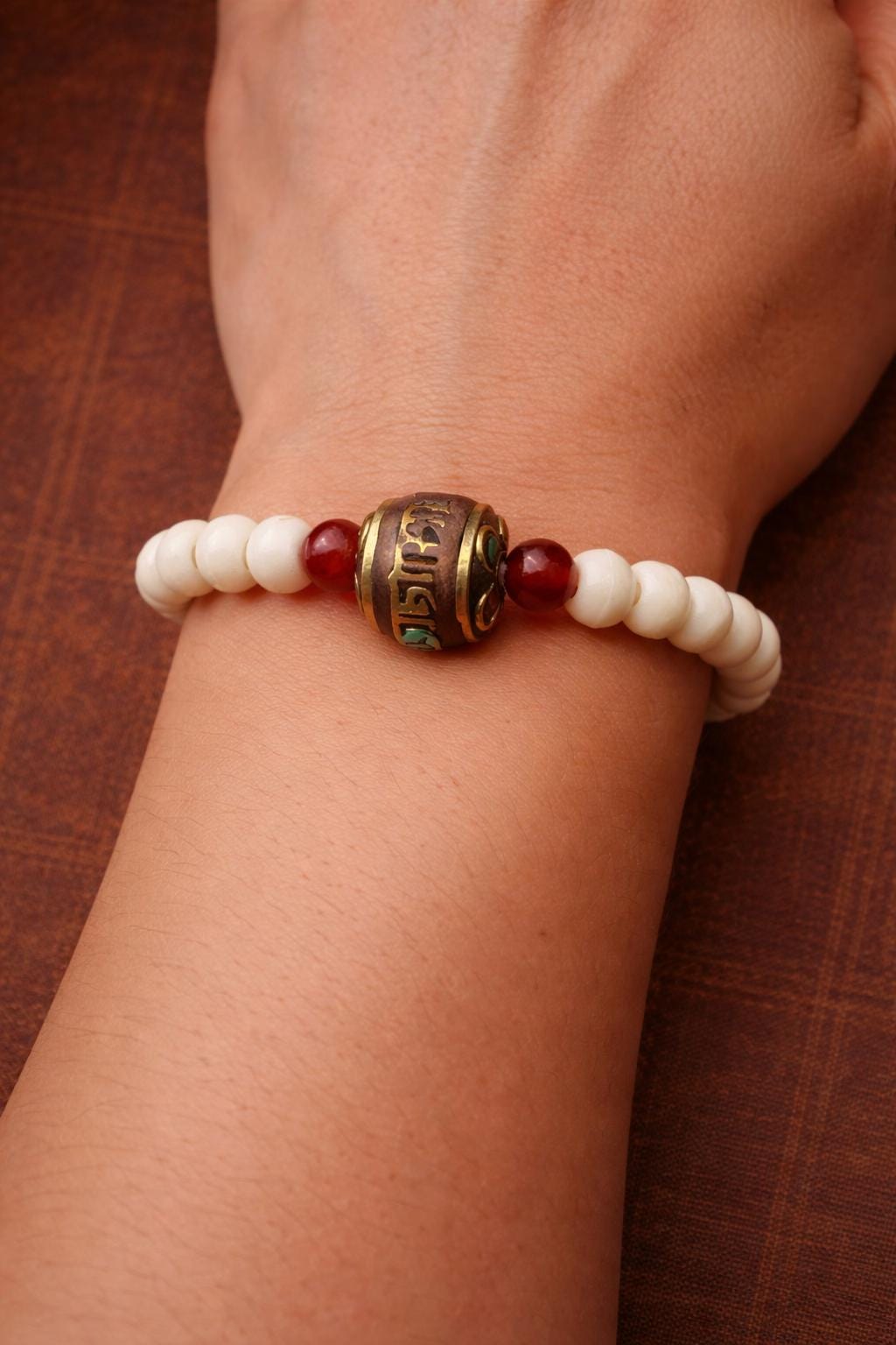 Slim Tibetan-Style Yak Bone Bracelet – Turquoise & Copper Bead Unisex Bracelet
