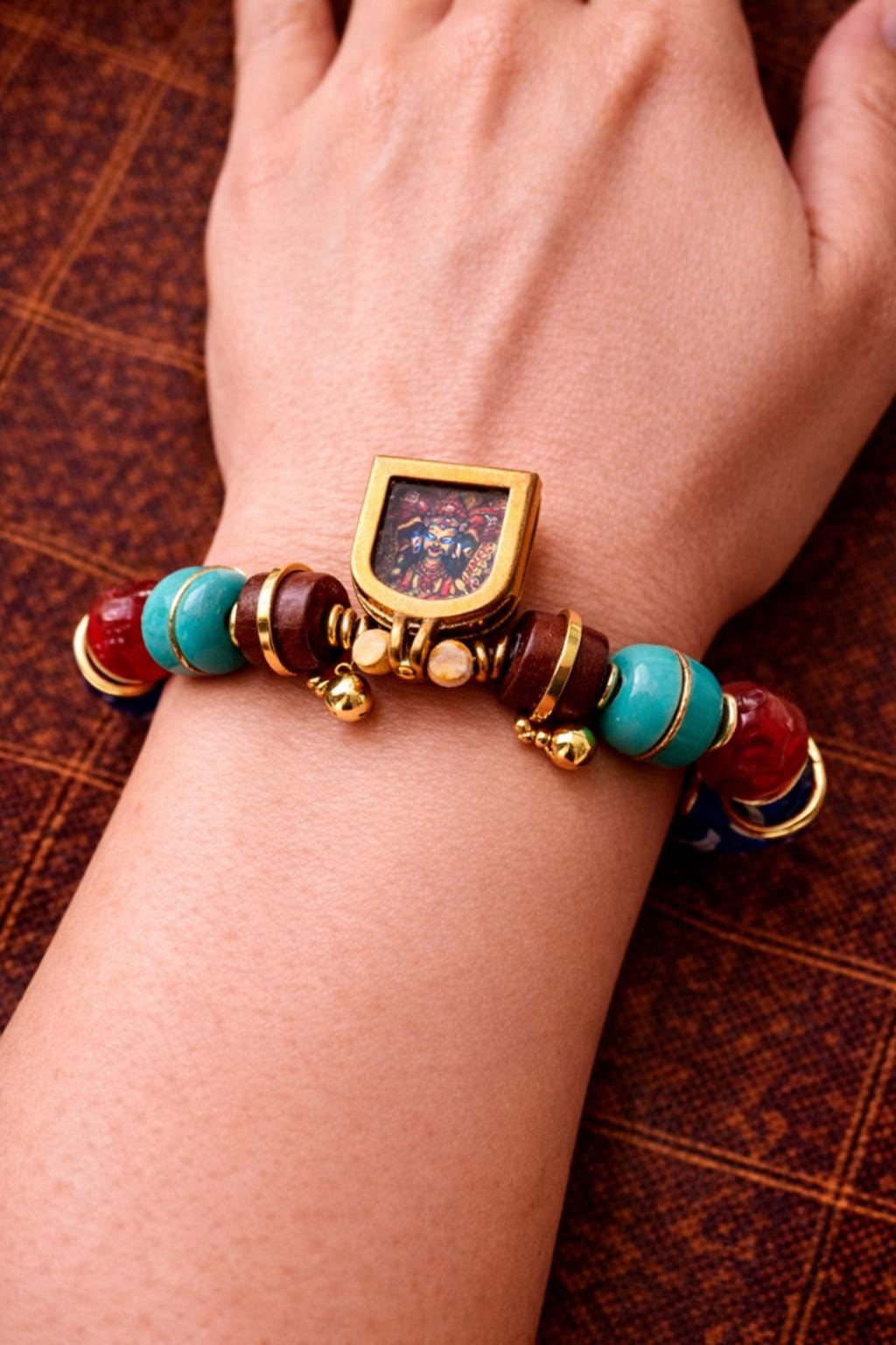 Tibetan Gau Box (Amulet Pendant) Bracelet - Dzi Bead, Green Agate & Turquoise